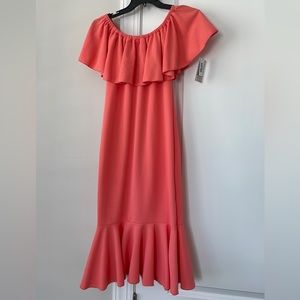 New with tags! Flirty coral ruffle neckline dress!!